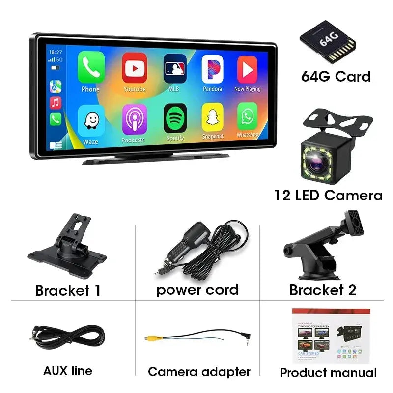 Autoradio universel avec écran de 10,26 pouces, lecteur multimédia, WIFI, vidéo, sans fil, Carplay, Android Auto, double Bluetooth 5.0, FM, USB, moniteur