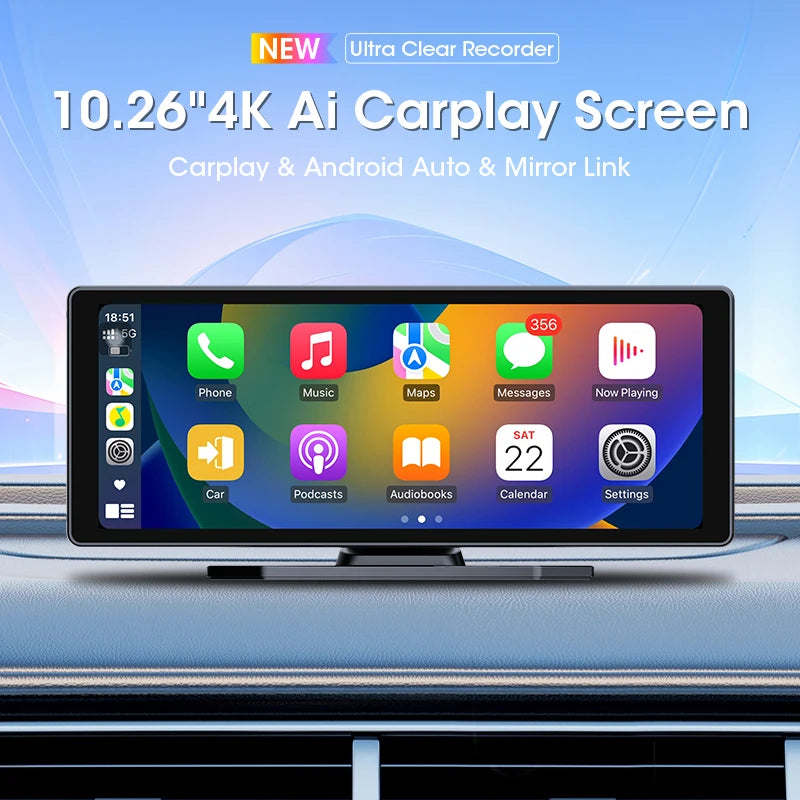 Autoradio universel avec écran de 10,26 pouces, lecteur multimédia, WIFI, vidéo, sans fil, Carplay, Android Auto, double Bluetooth 5.0, FM, USB, moniteur