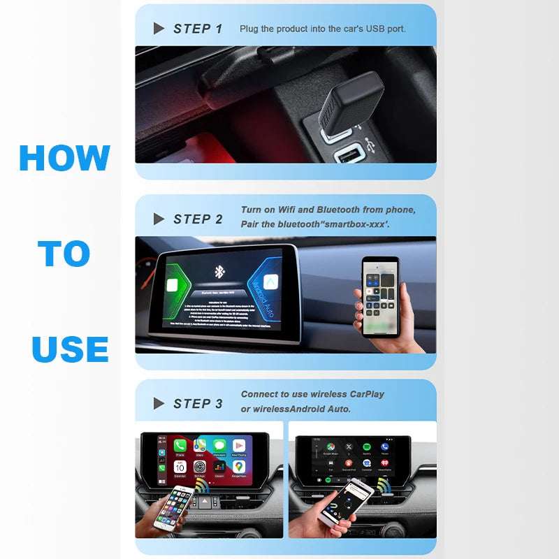Mini adaptateur CarPlay sans fil 2 en 1 et adaptateur sans fil Android Auto Plug and Play Auto pour 99 % des voitures OEM