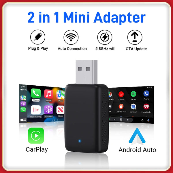 Mini adaptateur CarPlay sans fil 2 en 1 et adaptateur sans fil Android Auto Plug and Play Auto pour 99 % des voitures OEM
